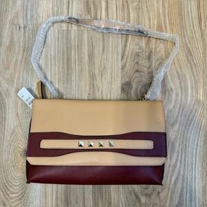 Neiman Marcus Colorblock Leather Crossbody Clutch Tan Burgundy NWT